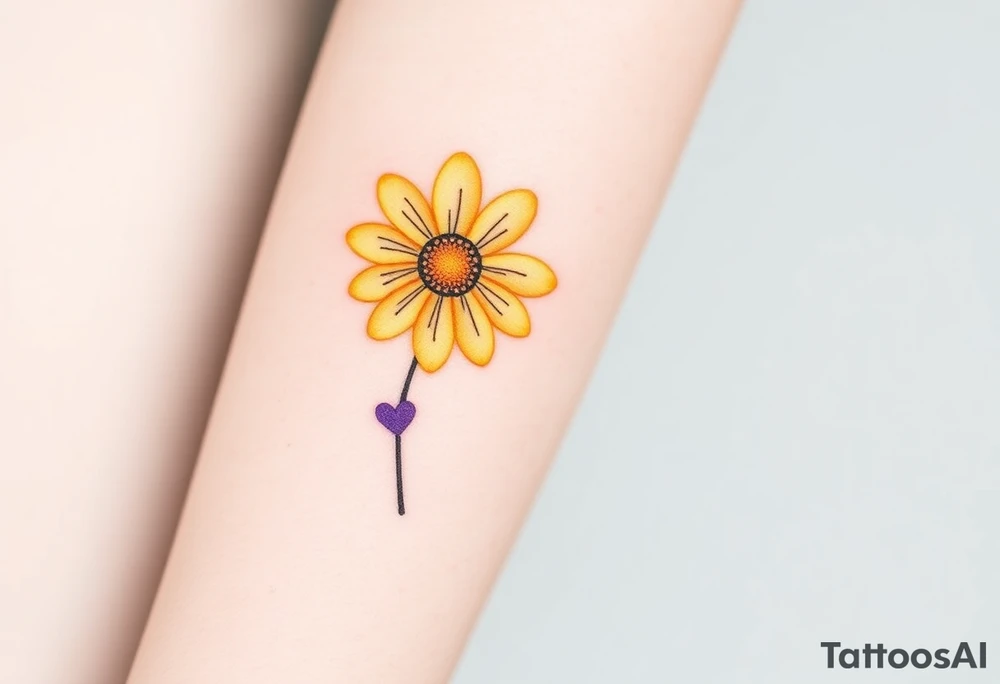 Simple yellow daisy with Purple Hearts & cross tattoo idea