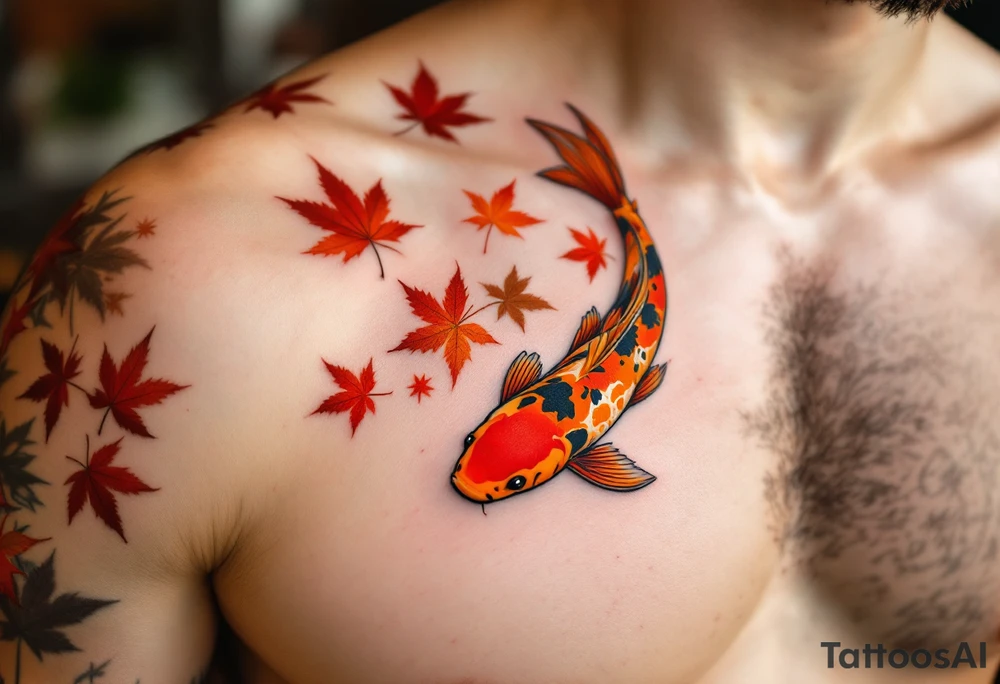 Fiery Orange Koi with Maple Leaves – A bright orange koi fish darting through falling red and brown Japanese maple leaves, embodying change and seasonal flow. tattoo idea