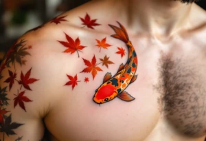 Fiery Orange Koi with Maple Leaves – A bright orange koi fish darting through falling red and brown Japanese maple leaves, embodying change and seasonal flow. tattoo idea