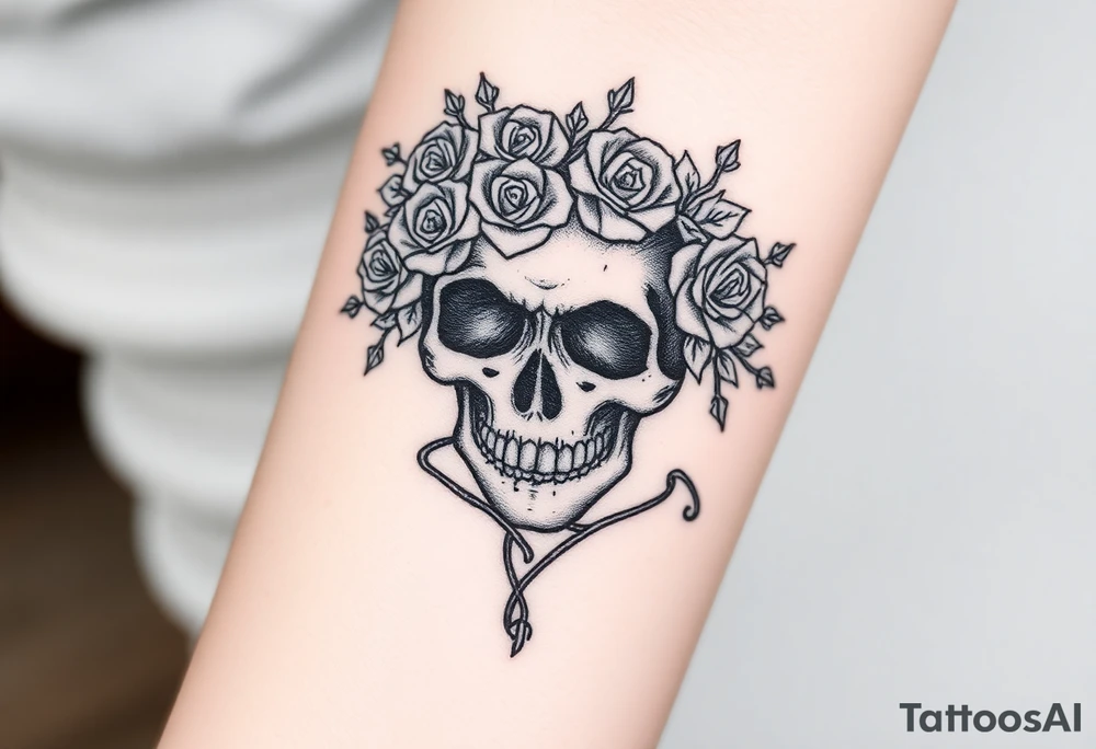 ornate skull adorned with crown of wild roses and thorns tattoo idea