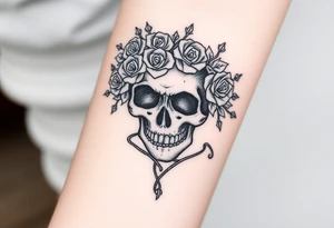 ornate skull adorned with crown of wild roses and thorns tattoo idea
