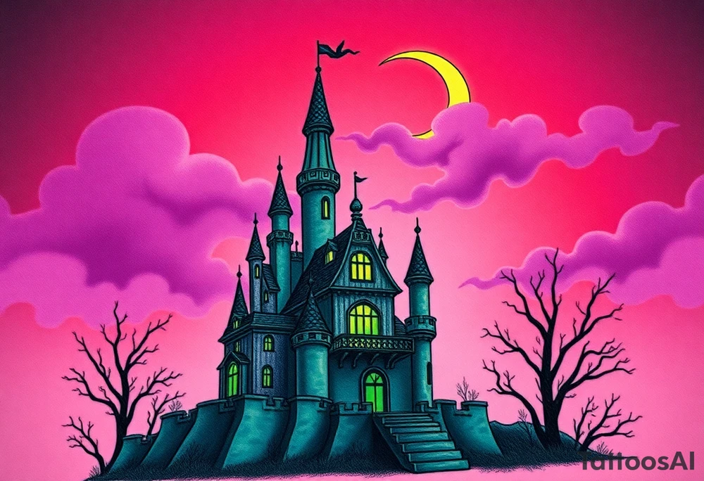 Tim Burton’s disney sleeping beauty’s haunted castle is abandoned and dripping with muted reds, dusty pinks, and eerie green glow.purple and cyan smokey clouds swirl in the crescent moonlit sky thats sprinkled with stars tattoo idea tattoo idea