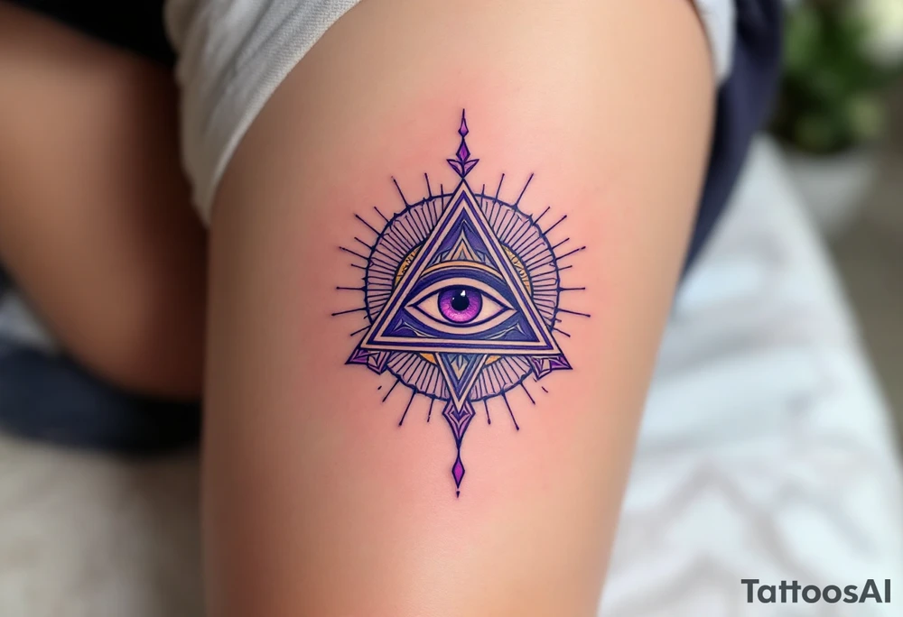 A purple triangle with a third eye in the center, radiating mysticism and awareness under collarbone tattoo idea