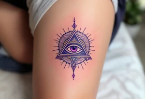 A purple triangle with a third eye in the center, radiating mysticism and awareness under collarbone tattoo idea