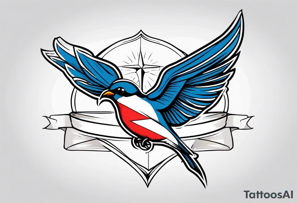 swallow holding flag with beak tattoo idea