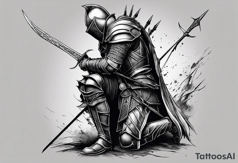 Side profile of a dying knight on his knees with five arrows sticking out of his back tattoo idea