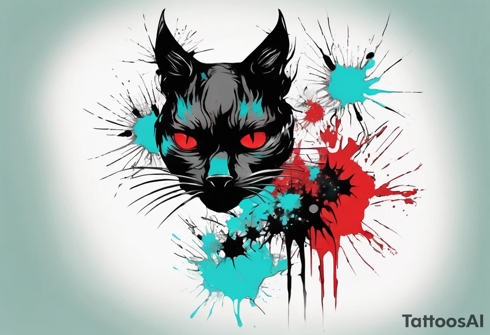 Black cat in the style of Banksy and Xoil, acquarel,  abstract, red and cyan, fractal, tattoo idea