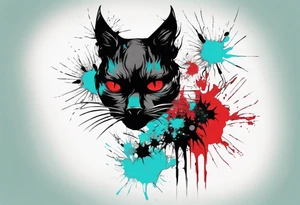 Black cat in the style of Banksy and Xoil, acquarel,  abstract, red and cyan, fractal, tattoo idea