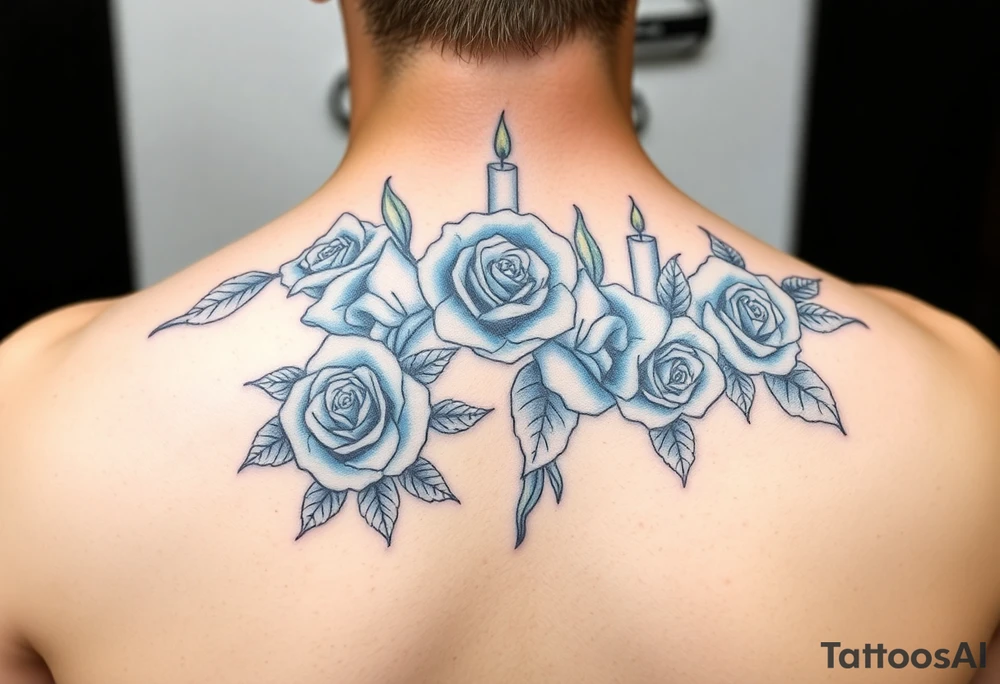 Blue, water, roses, candles tattoo idea