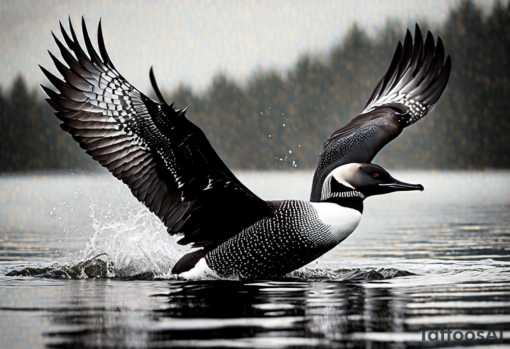A North American common loon looking majestic as it spreads its wings in the water. On the mid-upper thigh. Don’t have a background. Make sure it is just the loon. The image should be face directly at the loon’s chest. tattoo idea