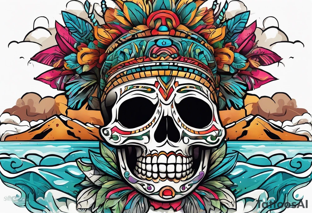 Colorful mayan skull hieroglyph with mouth as cave with water coming out tattoo idea