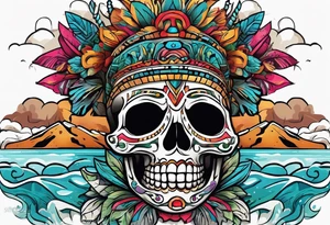 Colorful mayan skull hieroglyph with mouth as cave with water coming out tattoo idea