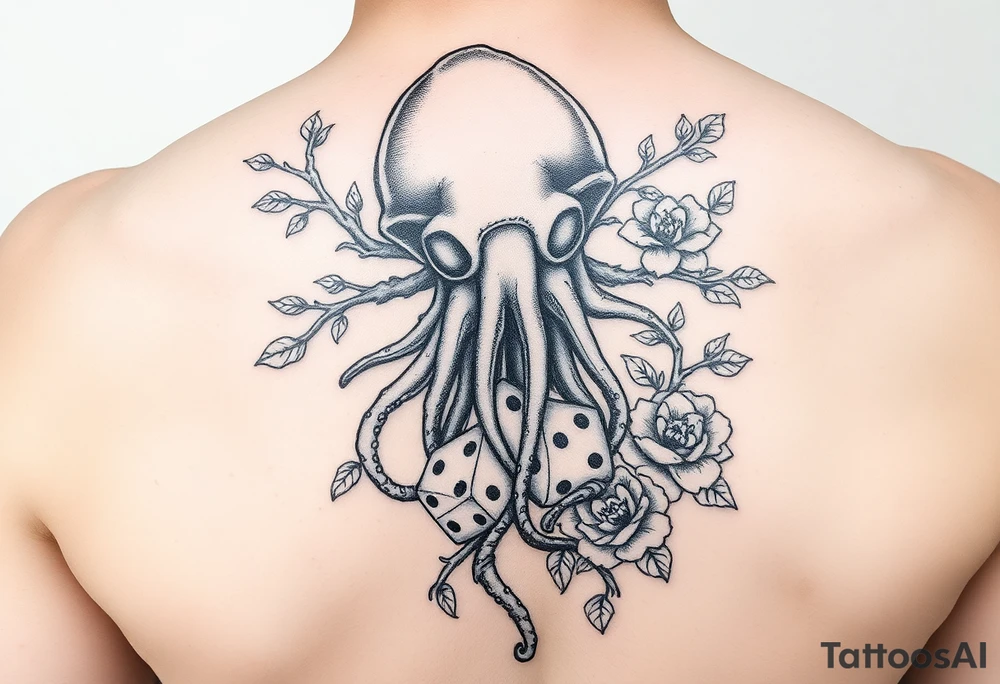 squid helmet combined with tree roots, cherry blossoms and roses rolling dice tattoo idea