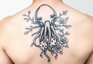 squid helmet combined with tree roots, cherry blossoms and roses rolling dice tattoo idea