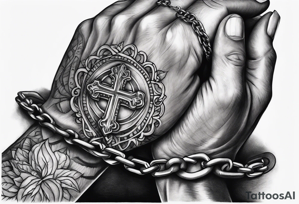praying hands with chain cross tattoo idea
