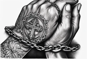 praying hands with chain cross tattoo idea
