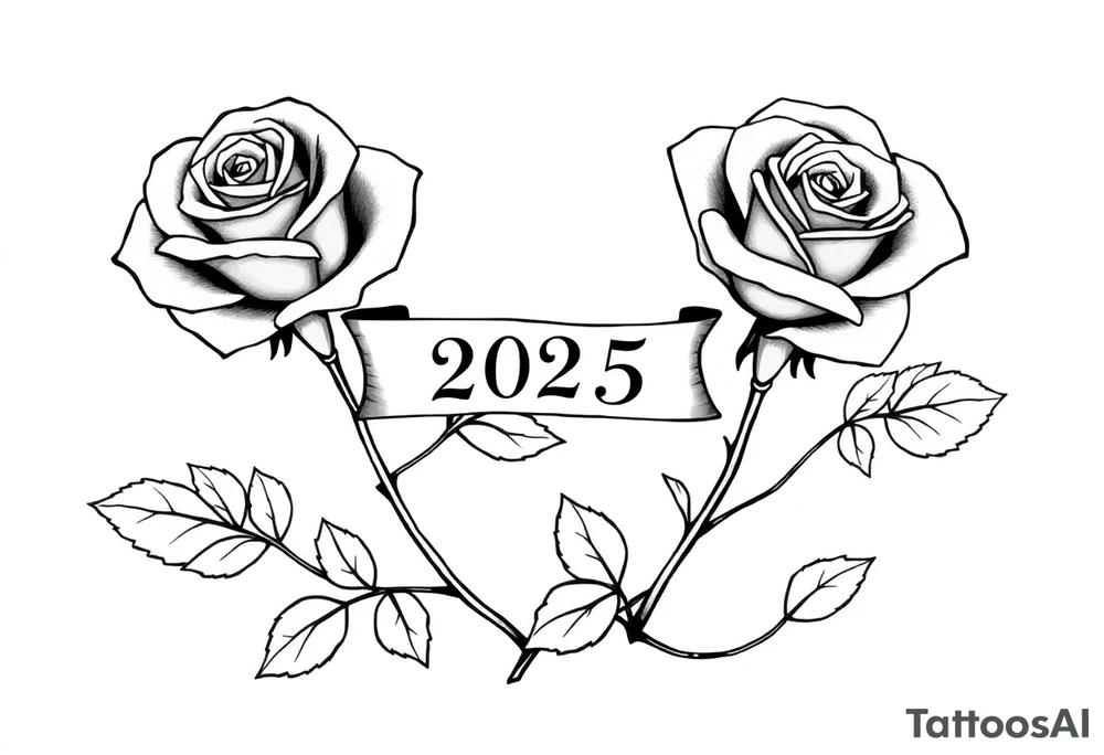 two beautiful large rose buds, one larger than the other, with many leaves next to the rose buds, with one sitting higher than the other. Include a banner connecting the two roses with the year "2025" on it.   Use dark outlines with little shading. The two stems should be short, not long, and connect and join into one stem, whimsically curved or twisted - not straight down. tattoo idea