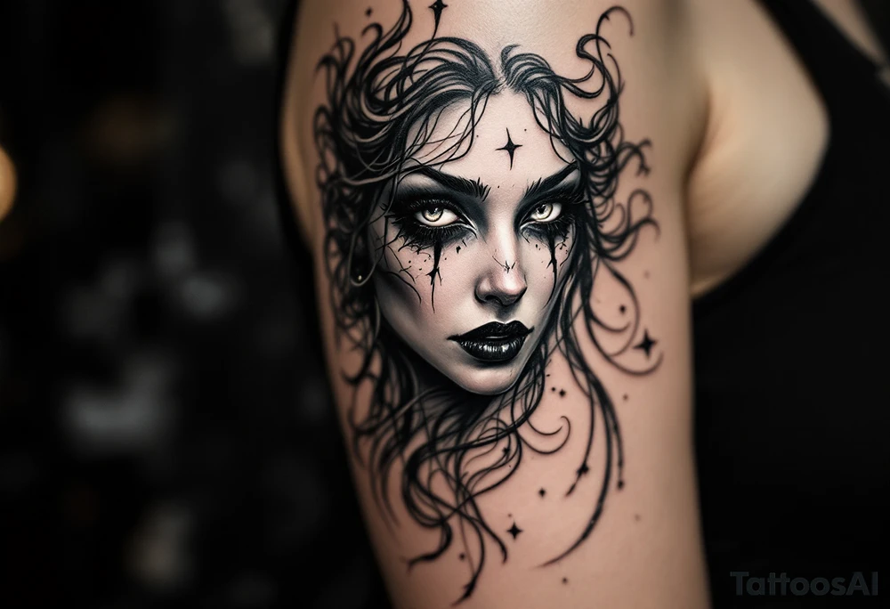 A sinister mermaid or vampire woman with piercing eyes and intricate shadow work. tattoo idea