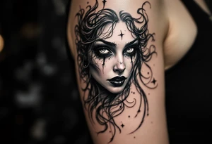 A sinister mermaid or vampire woman with piercing eyes and intricate shadow work. tattoo idea