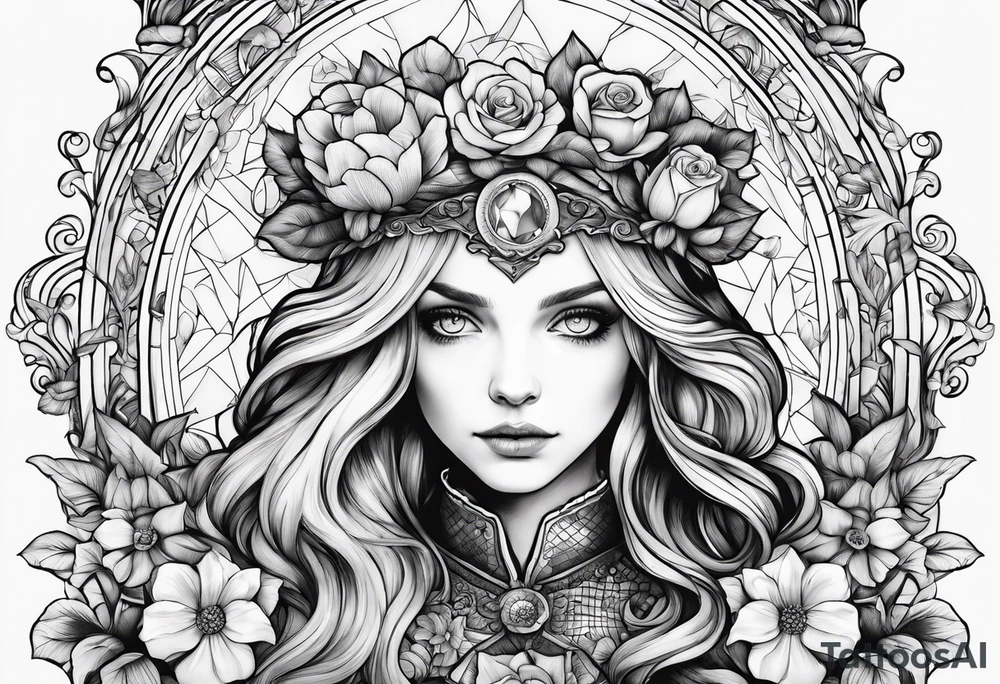 Alice through the looking glass with flowers everywhere tattoo idea