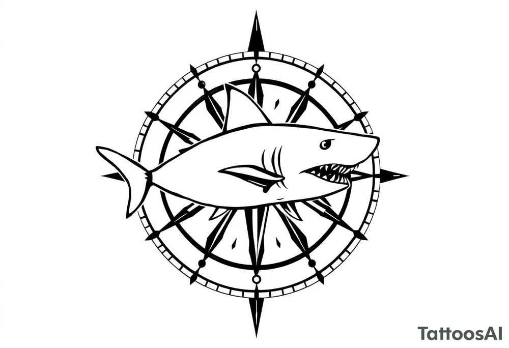 "A detailed black and grey tattoo design combining the top-down view of a shark with a compass. The shark should appear as if swimming across or emerging from the compass. The compass has intricate, sharp-edged needles and classic directional markings (N, S, E, W). The style is realistic with fine linework and light dot shading, suitable for forearm or upper arm placement. Bold yet elegant composition with oceanic and navigational symbolism." tattoo idea