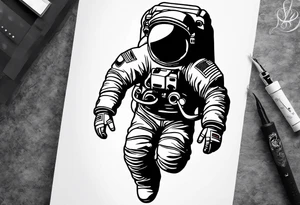 An astronaut floating with one arm up and one arm down and feet spread. he's wearing 1990's air jordan sneakers on his feet tattoo idea