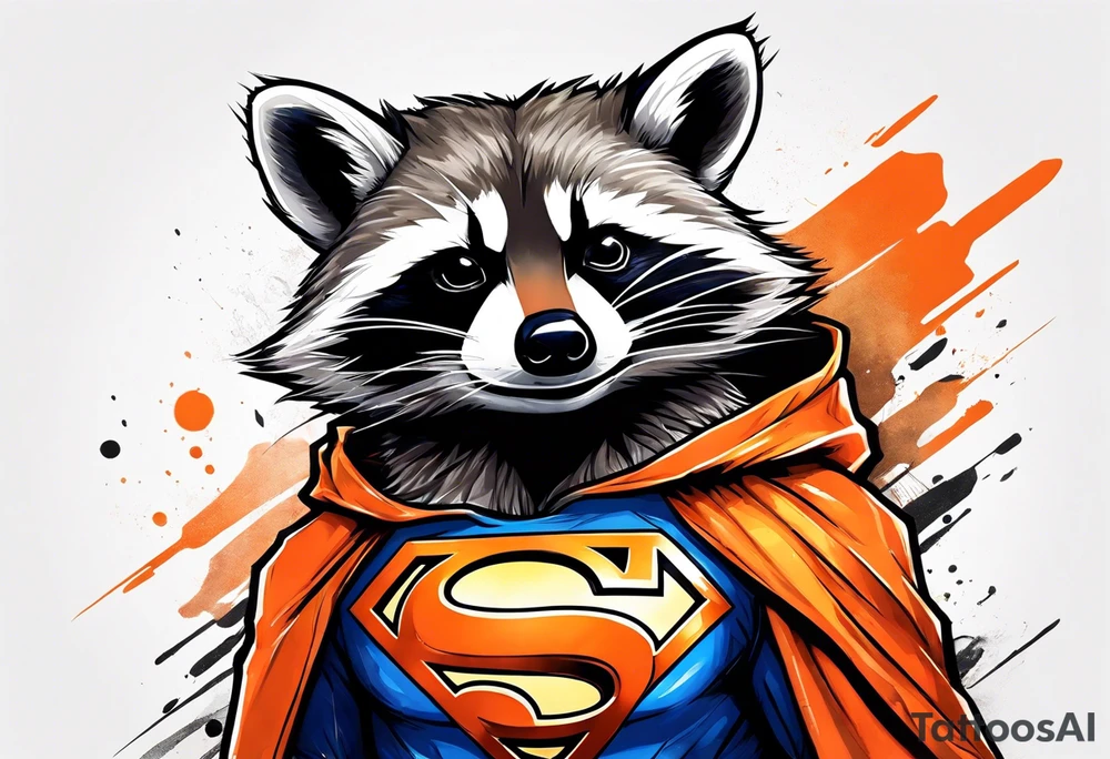 Raccoon wearing an orange Superman hoodie tattoo idea