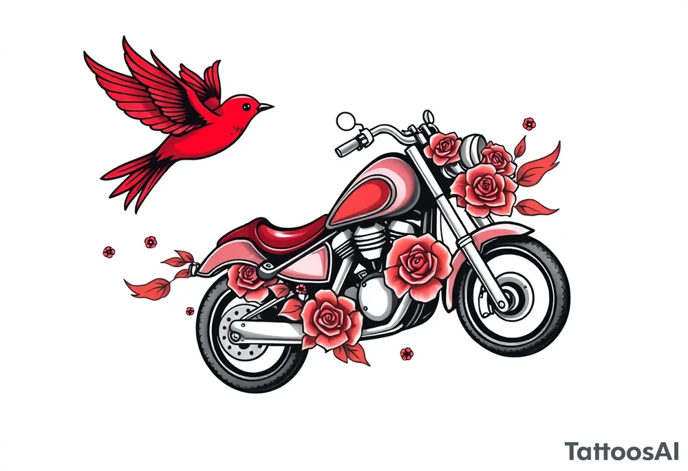Motorcycle, red bird flying, roses and lace, flames tattoo idea