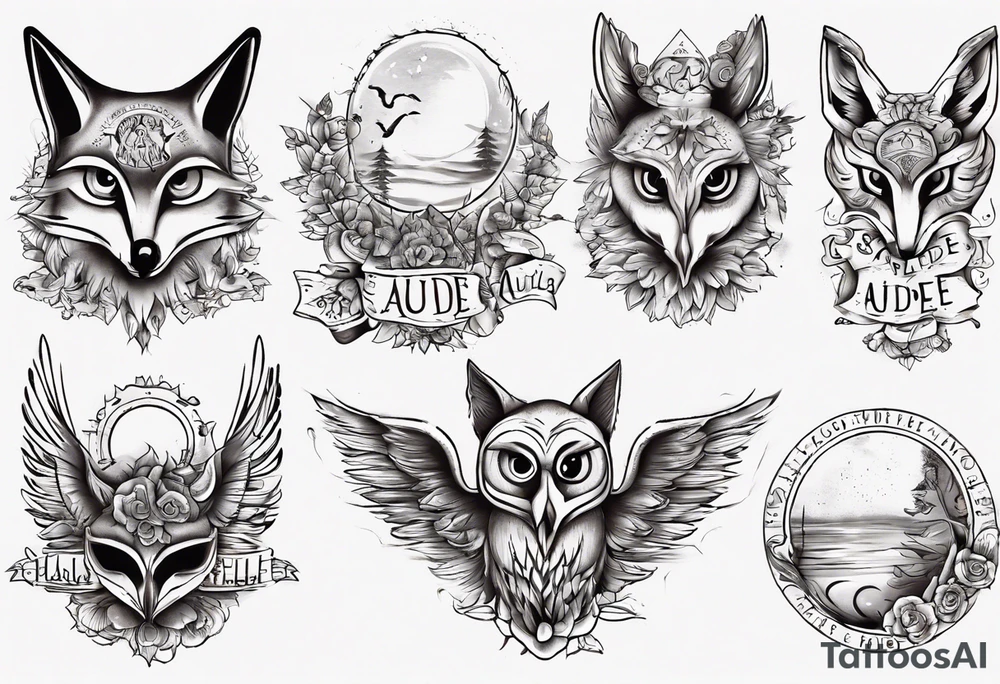 halb 
Fuchs halb Eule unter der Sonne mit dem Schriftzug Sapere Aude tattoo idea