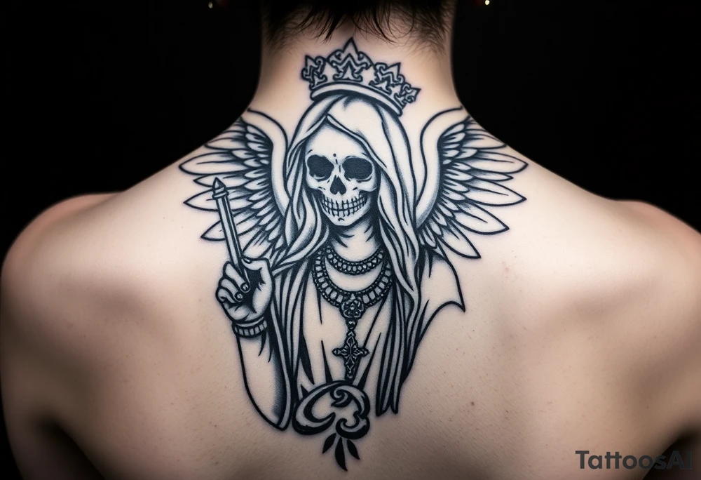 old angel statue (Santa Muerte style) criminal style tattooed and at the same time contemporary, weapons in hand, gangster-style gold necklaces tattoo idea