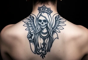 old angel statue (Santa Muerte style) criminal style tattooed and at the same time contemporary, weapons in hand, gangster-style gold necklaces tattoo idea