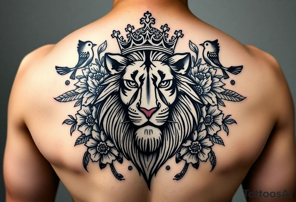 powerful majestic lion with a crown, surrounded by floral ornaments and birds tattoo idea