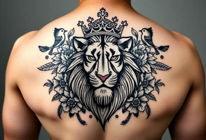 powerful majestic lion with a crown, surrounded by floral ornaments and birds tattoo idea