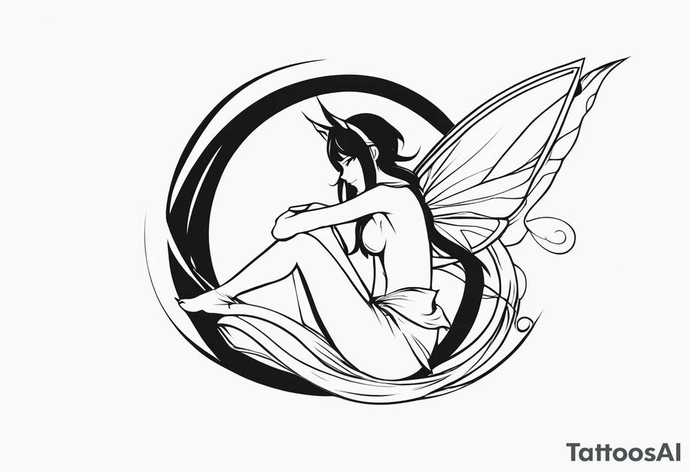 No color sketch of a fairy with a tail inspired by the guild symbol in the anime show called Fairy Tail in a fetal position leaning in and forward while crawled in tattoo idea