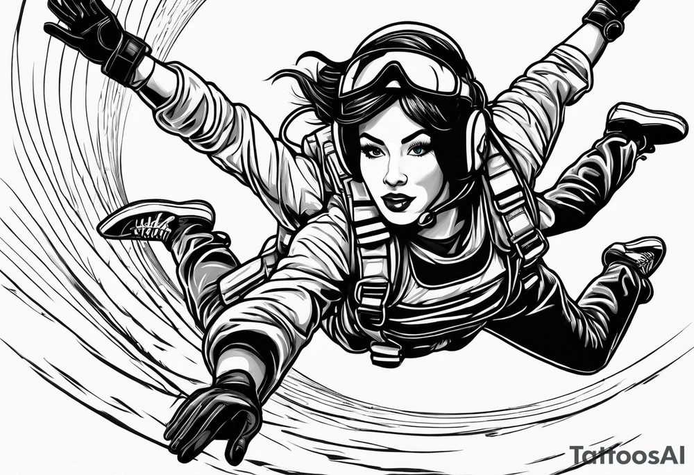 Black haired Woman skydiver jumping from plane with parachute tattoo idea