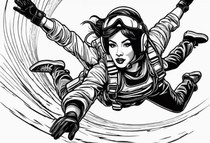 Black haired Woman skydiver jumping from plane with parachute tattoo idea
