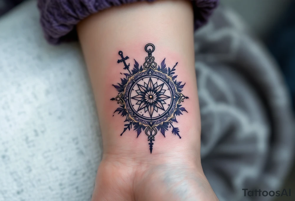 A single Violet with detailed compass at its center representing feminine power including an ankh and Celtic knot tattoo idea