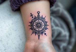 A single Violet with detailed compass at its center representing feminine power including an ankh and Celtic knot tattoo idea