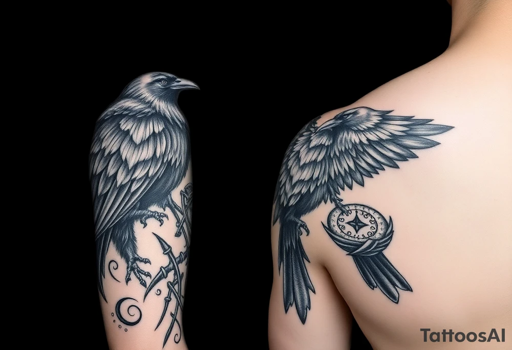 Left sleeve tattoo.

Morrigan Celtic  goddess of death is the primary focus of the tattoo

Crone imagery. 

Powerful dark magic

Multiple crows. 

. Realistic, black and white

Stronger focus on Celtic symbolism

Protector of natural world

Complex level of detail tattoo idea