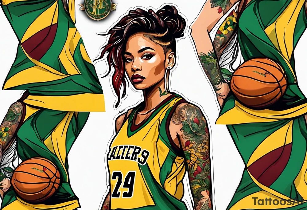 female basketball player with colors green, yellow, maroon and black tattoo idea