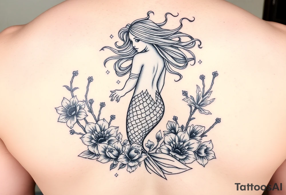 ethereal mermaid with flowing hair among coral and sea flowers tattoo idea