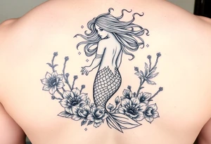 ethereal mermaid with flowing hair among coral and sea flowers tattoo idea