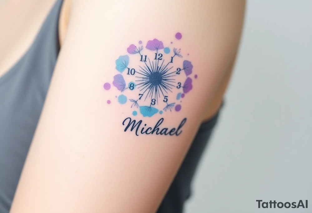 A watercolor-styled dandelion with clock numbers and date 13. 07. 2019 and name "Michael", representing fleeting time and new beginnings, in pastel blues and purples tattoo idea