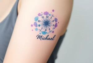 A watercolor-styled dandelion with clock numbers and date 13. 07. 2019 and name "Michael", representing fleeting time and new beginnings, in pastel blues and purples tattoo idea