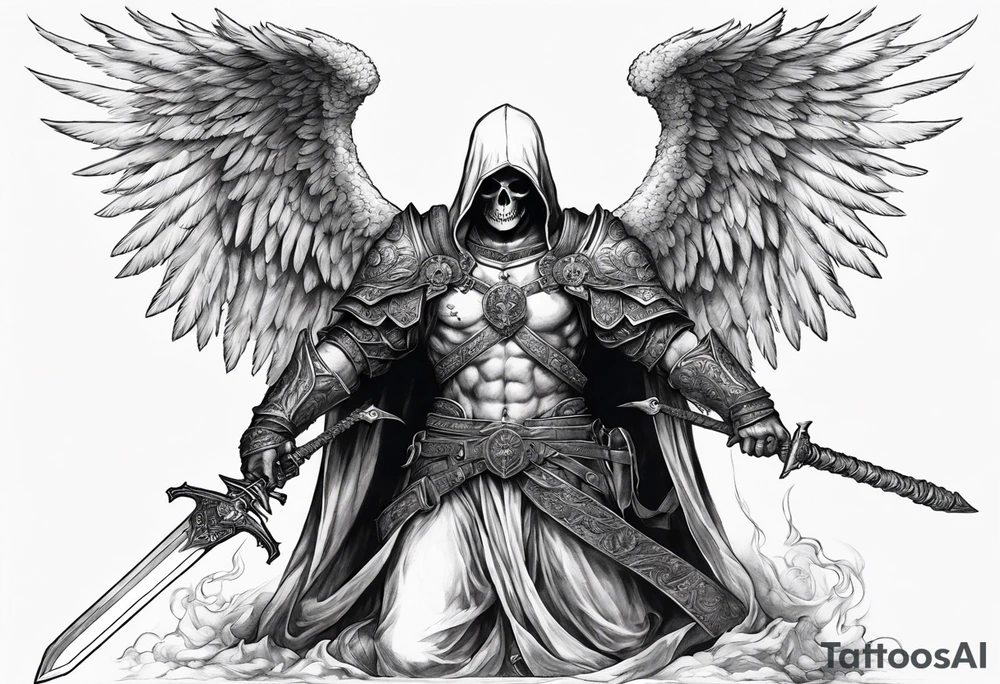 realistic angel of death, full body, without face, holding one sword in both hands, sword pointing downwards, skulls lying on the ground tattoo idea