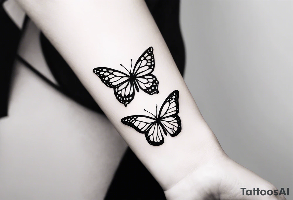 a long unique small feminine leaftattoo with two butterflies on the wrist tattoo idea