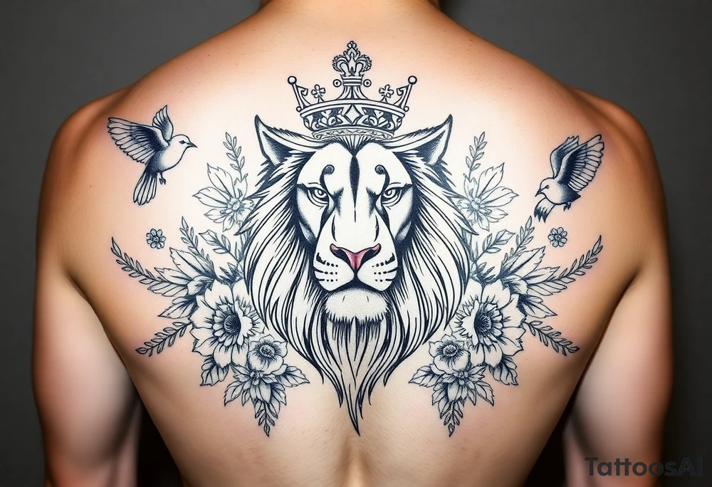 powerful majestic lion with a crown, surrounded by floral ornaments and birds tattoo idea