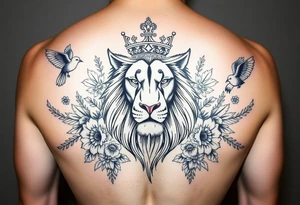 powerful majestic lion with a crown, surrounded by floral ornaments and birds tattoo idea