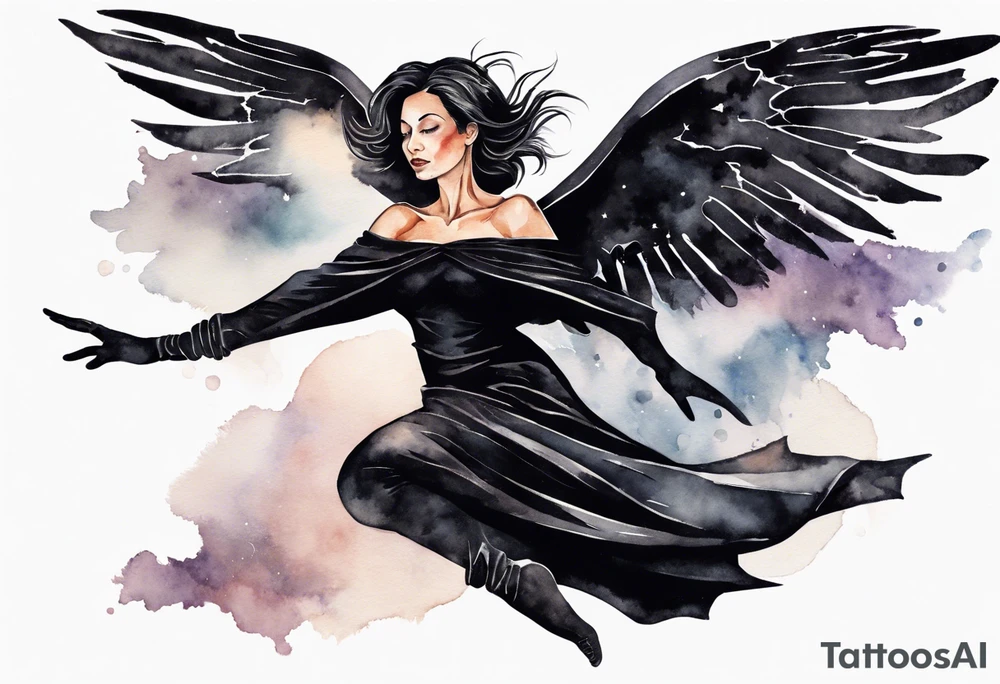 a beautiful 45 year old woman flying in the night sky with black wings, wearing a black cloak and black gloves, bare feet tattoo idea