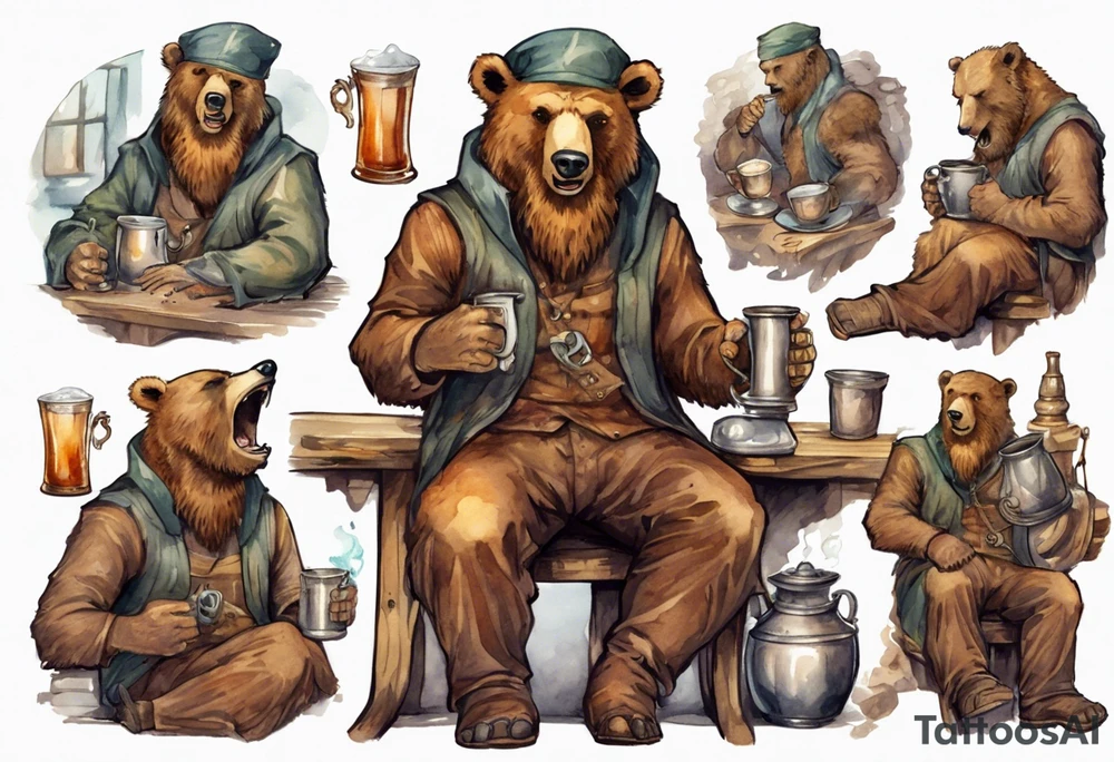 a bear-human hybrid with a long beard wearing a tunic and Phrygian cap and drinking from a pewter mug in a tavern, sitting in a chair, laughing tattoo idea